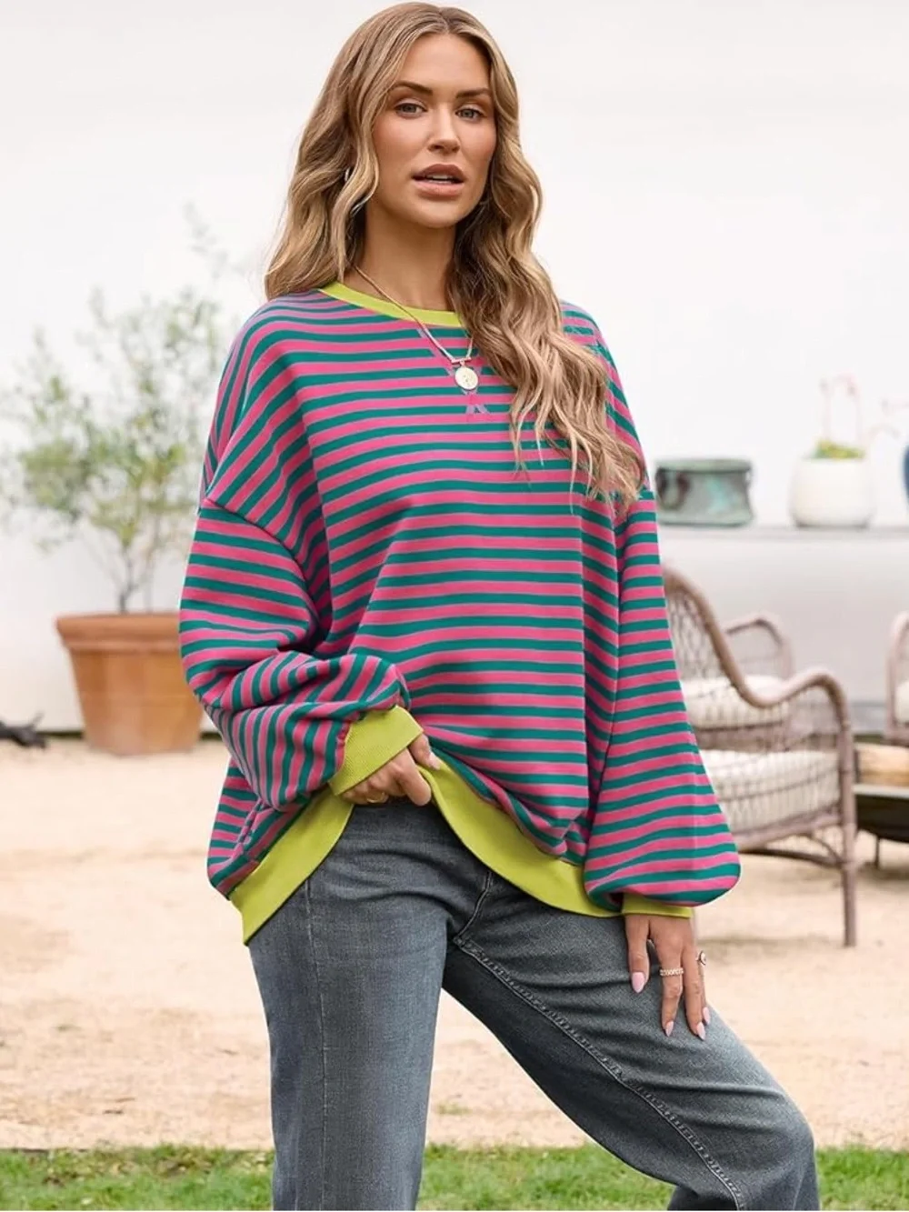 UEU Oversized Striped Crewneck Long Sleeve Color Block Pullover
Sweatshirt - Picture 2 of 11